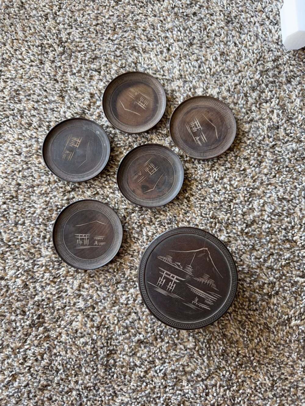 Vintage Japanese Etched Wood Coaster Set with Storage Box